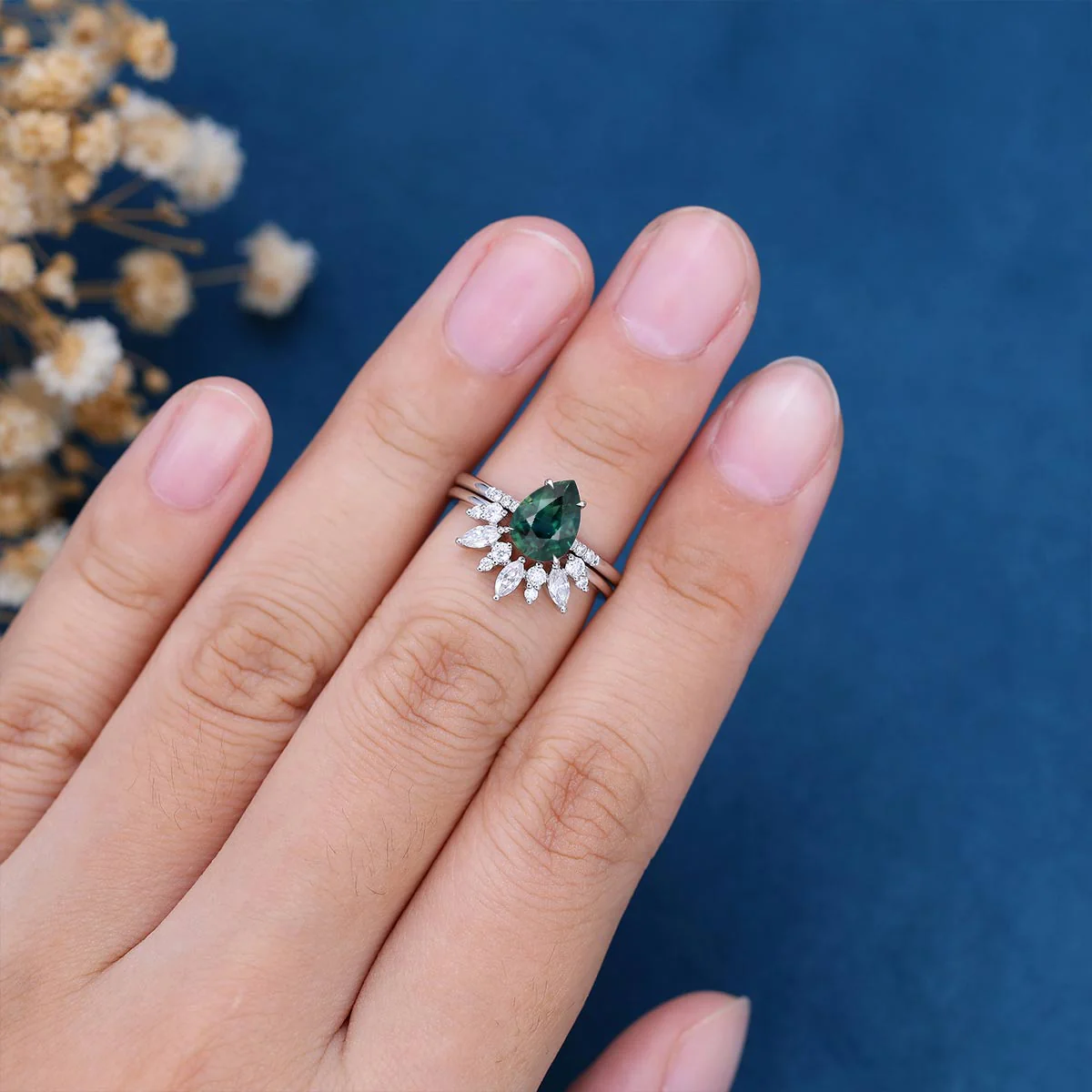 Pear Blue Green Sapphire Halo Engagement Ring Bridal Set - Image 2
