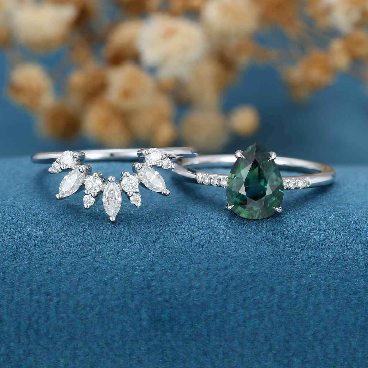 Pear Blue Green Sapphire Halo Engagement Ring Bridal Set - Image 3
