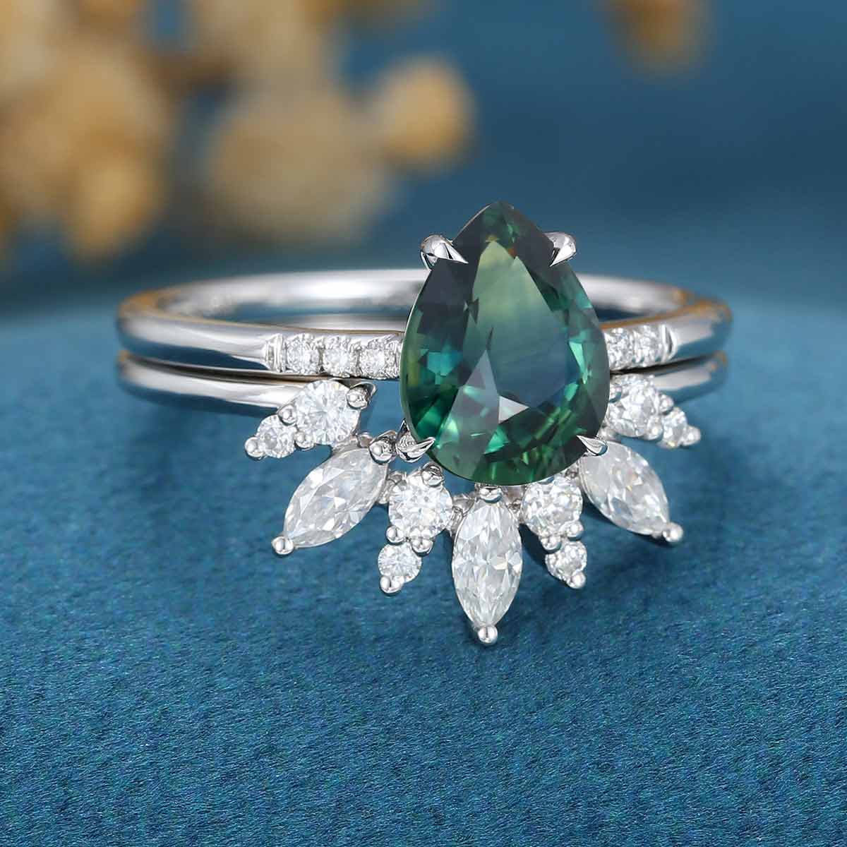 Pear Blue Green Sapphire Halo Engagement Ring Bridal Set - Image 5