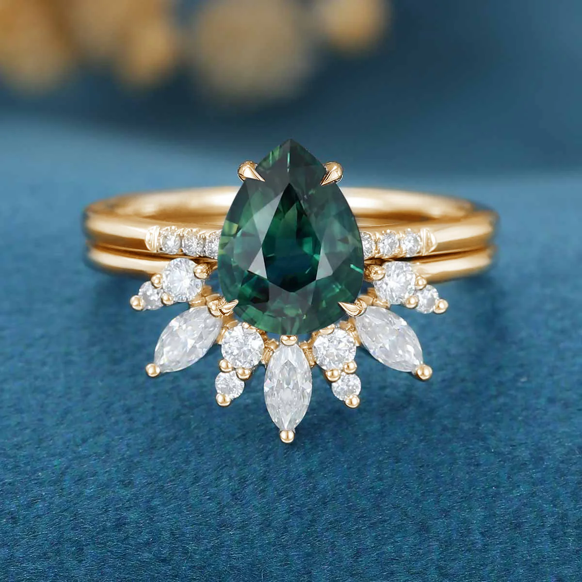 Pear Blue Green Sapphire Halo Engagement Ring Bridal Set - Image 6
