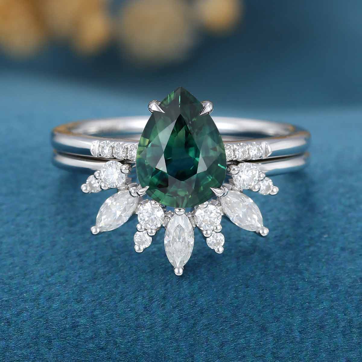 Pear Blue Green Sapphire Halo Engagement Ring Bridal Set - Image 7