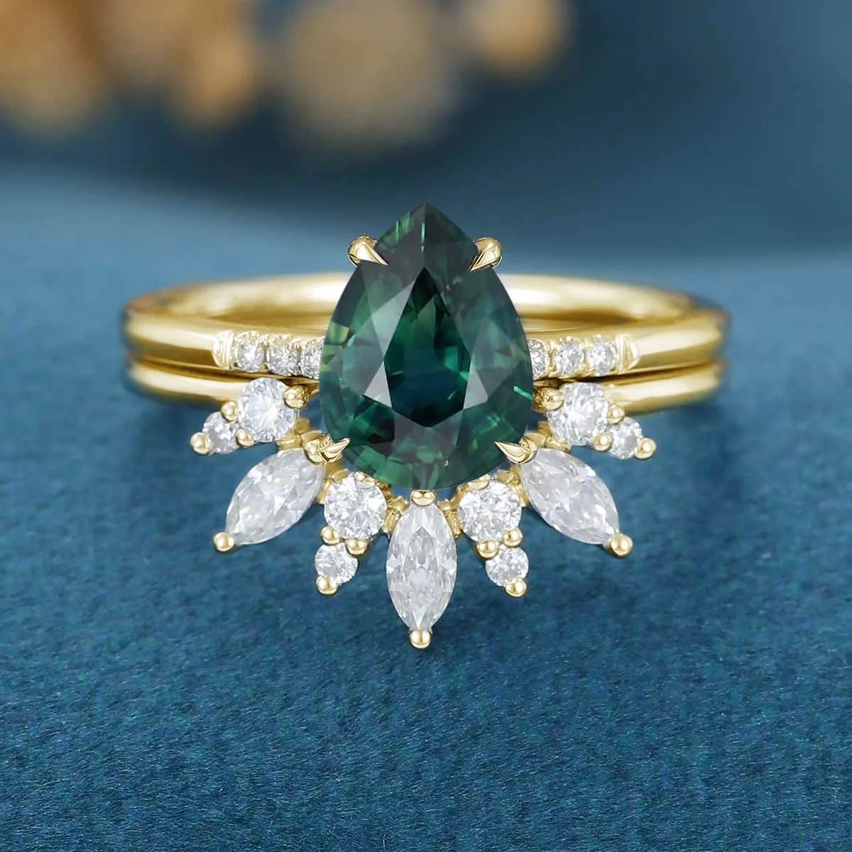 Pear Blue Green Sapphire Halo Engagement Ring Bridal Set - Image 8