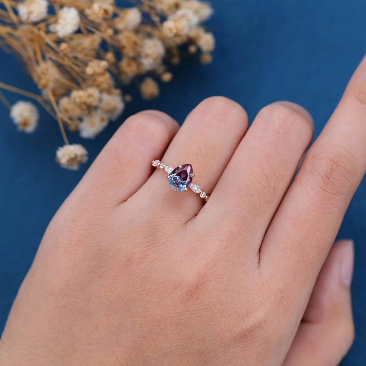 Pear cut Lab Alexandrite | Diamond Engagement ring - Image 2