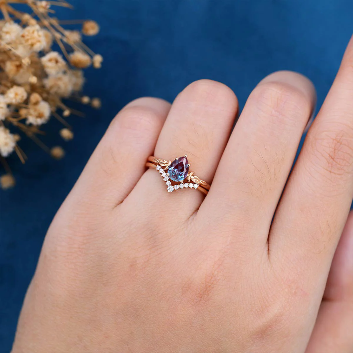 Pear cut Lab Alexandrite | Diamond Engagement Ring Bridal Set - Image 2
