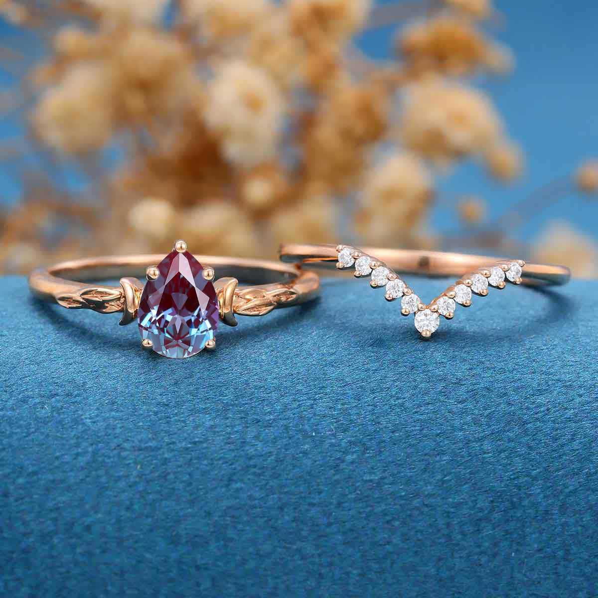 Pear cut Lab Alexandrite | Diamond Engagement Ring Bridal Set - Image 3