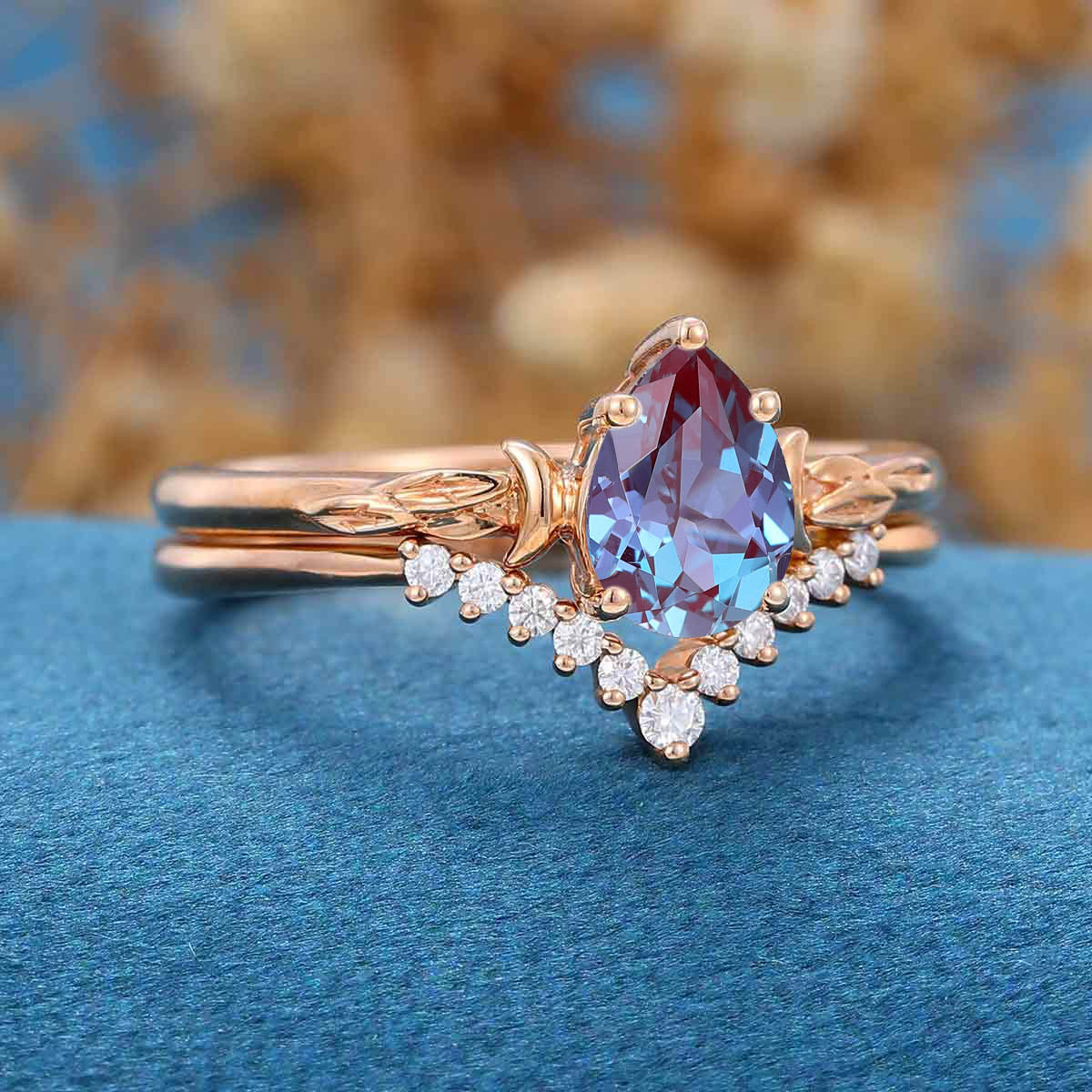 Pear cut Lab Alexandrite | Diamond Engagement Ring Bridal Set - Image 5