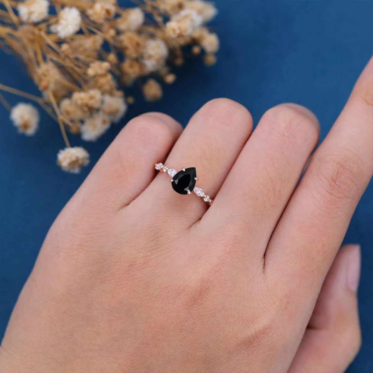 Pear cut Black Onyx Cluster Engagement Ring - Image 3