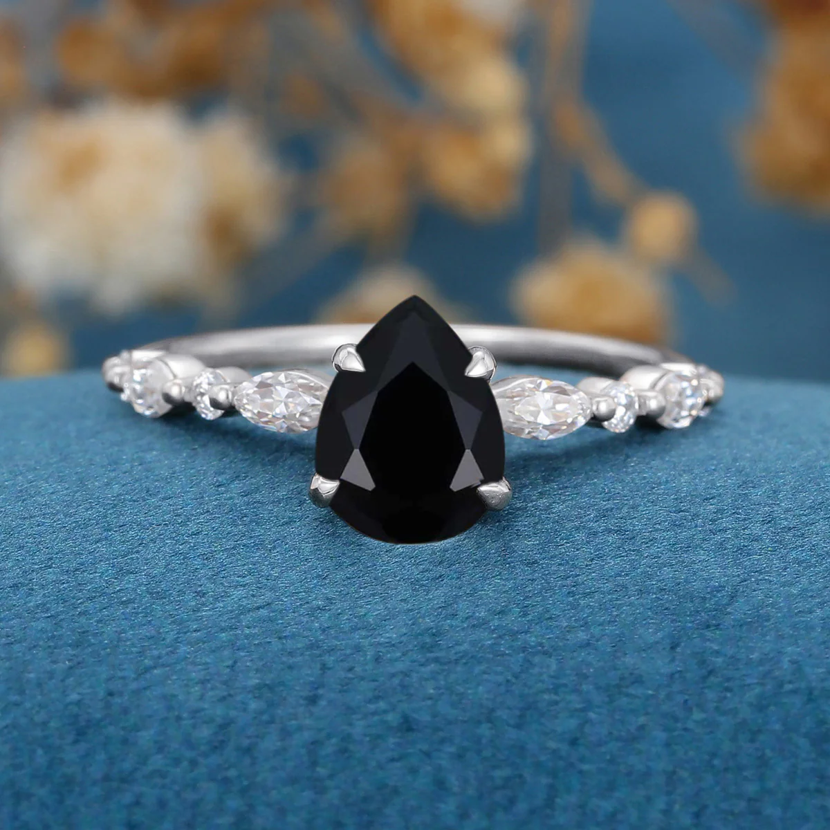 Pear cut Black Onyx Cluster Engagement Ring - Image 7