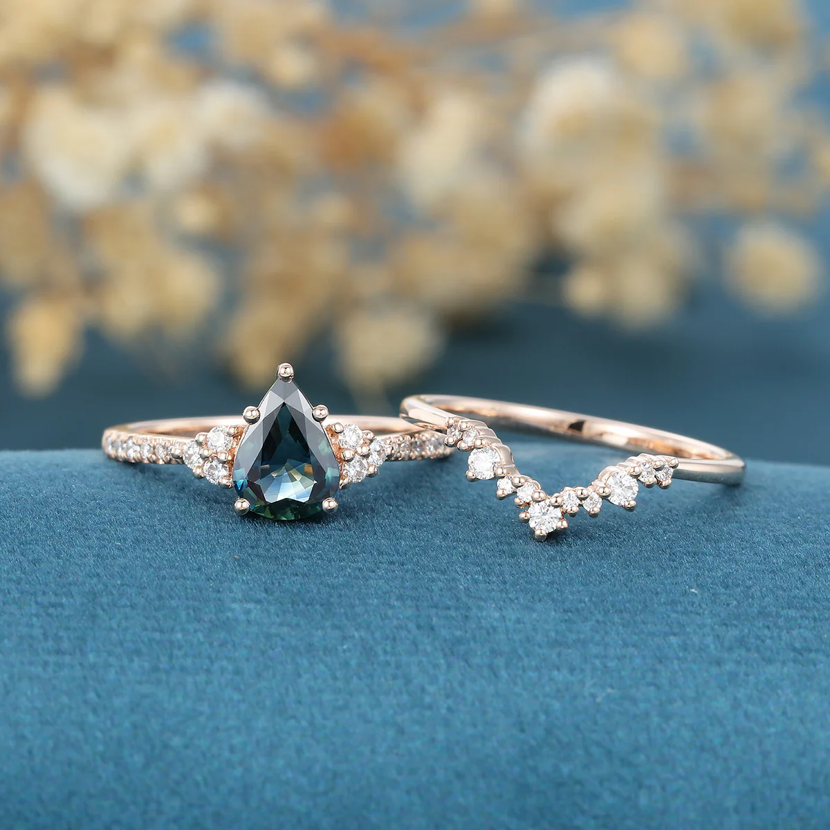 Pear Cut Blue Green Sapphire Matching Moissanite | Diamonds Gold Bridal Set - Image 3