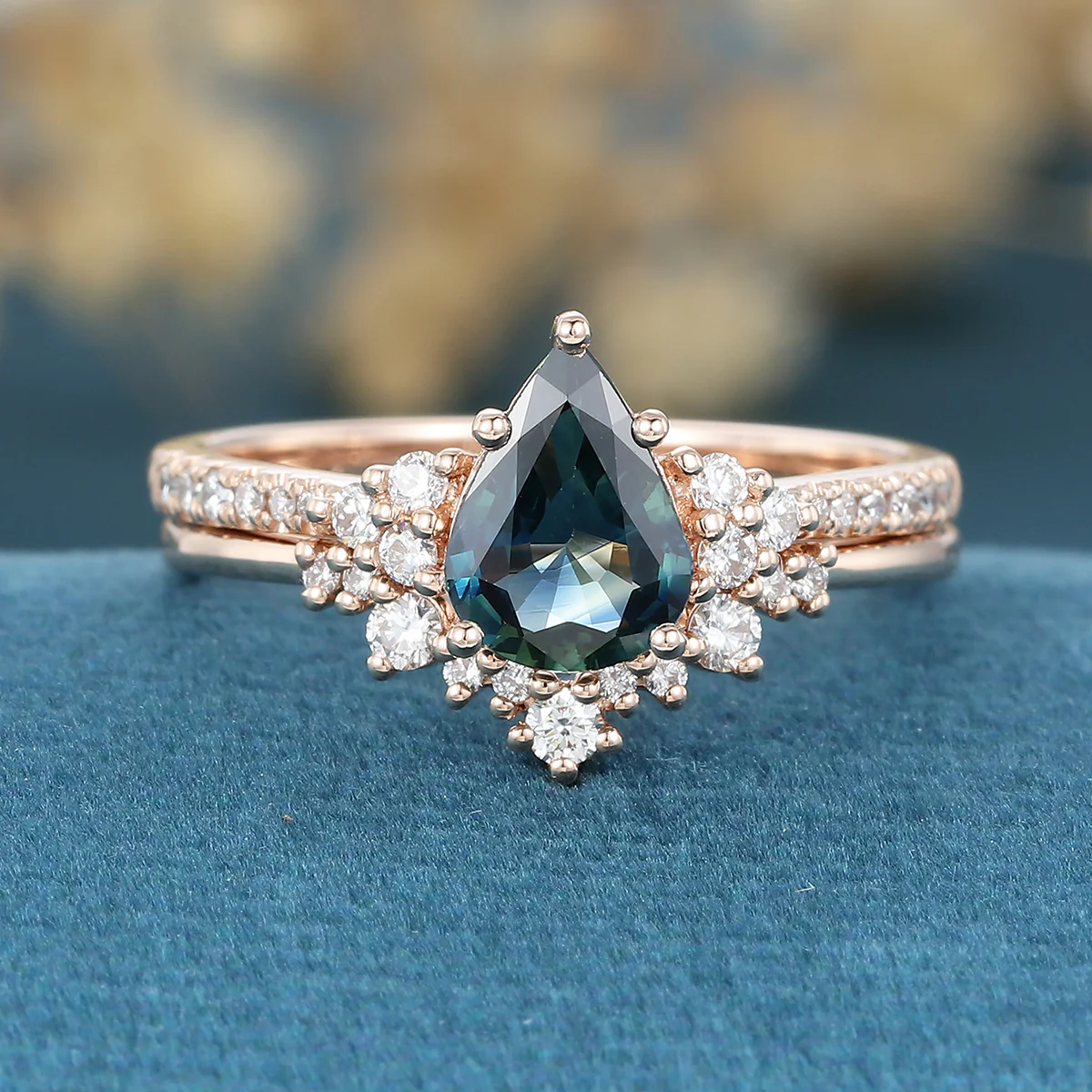 Pear Cut Blue Green Sapphire Matching Moissanite | Diamonds Gold Bridal Set - Image 4