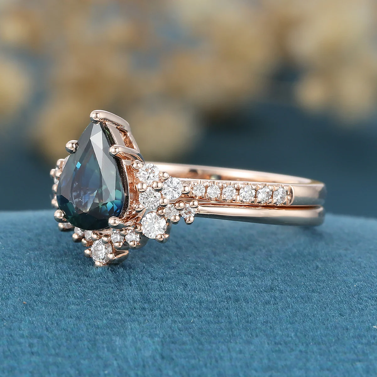 Pear Cut Blue Green Sapphire Matching Moissanite | Diamonds Gold Bridal Set - Image 6