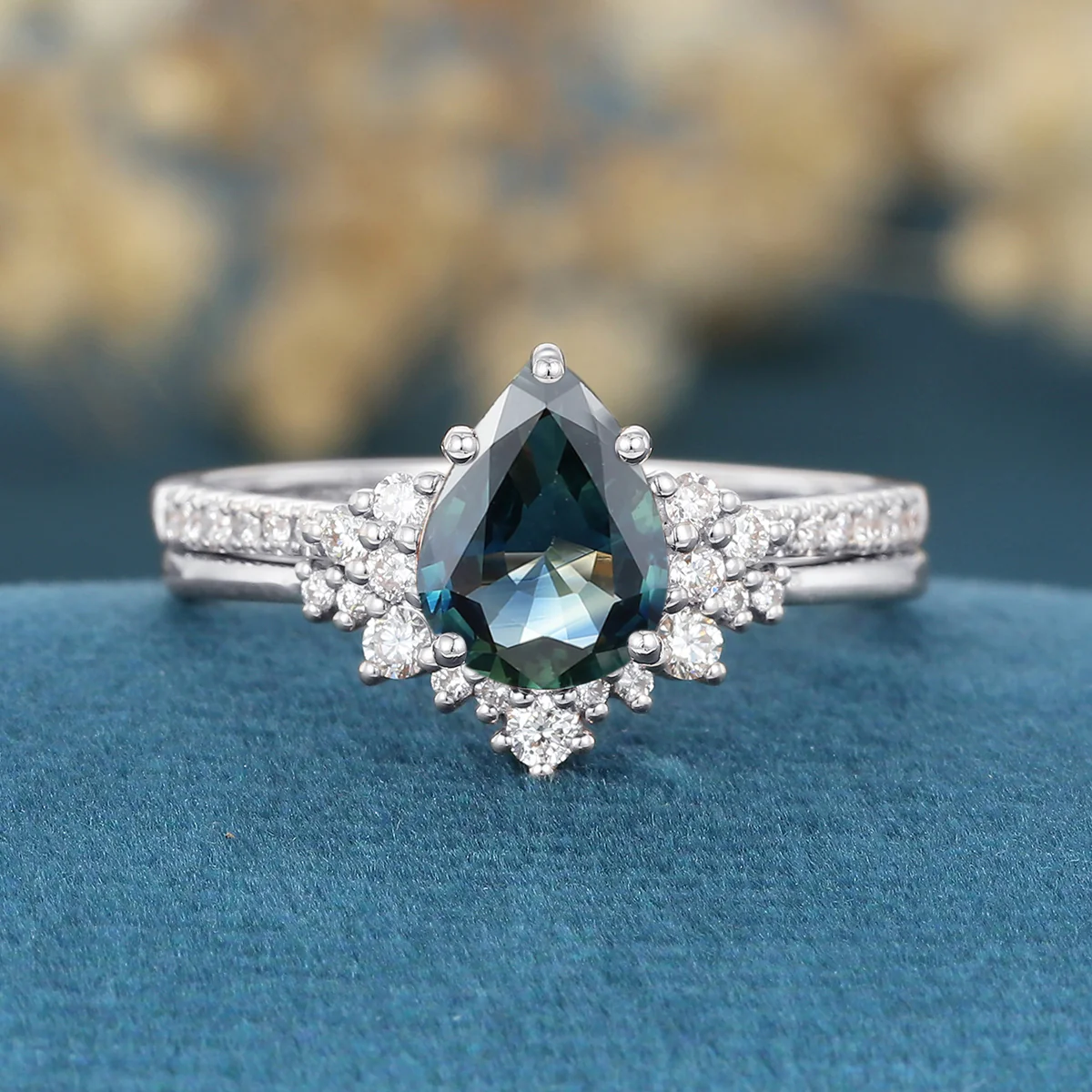 Pear Cut Blue Green Sapphire Matching Moissanite | Diamonds Gold Bridal Set - Image 7