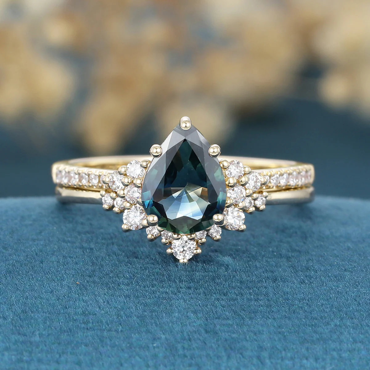 Pear Cut Blue Green Sapphire Matching Moissanite | Diamonds Gold Bridal Set - Image 8
