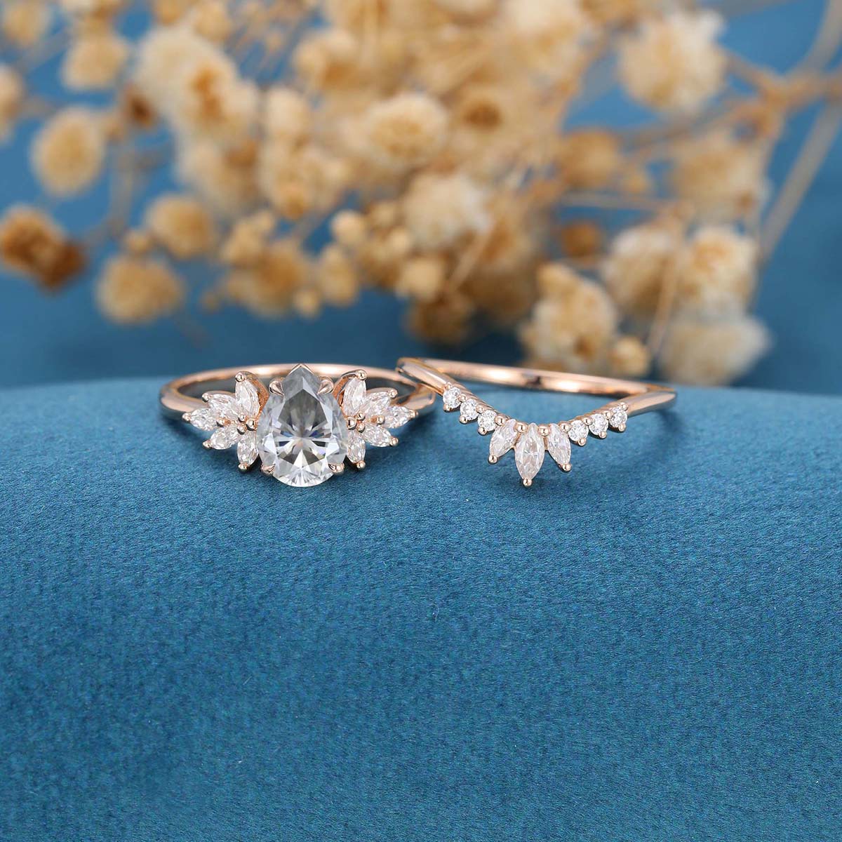 Pear cut Gray Moissanite Cluster Engagement ring Bridal Set - Image 3