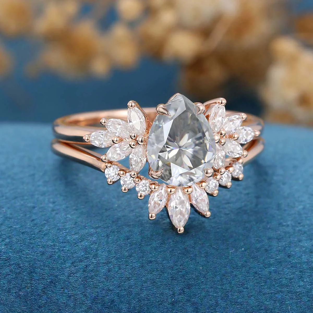 Pear cut Gray Moissanite Cluster Engagement ring Bridal Set - Image 5
