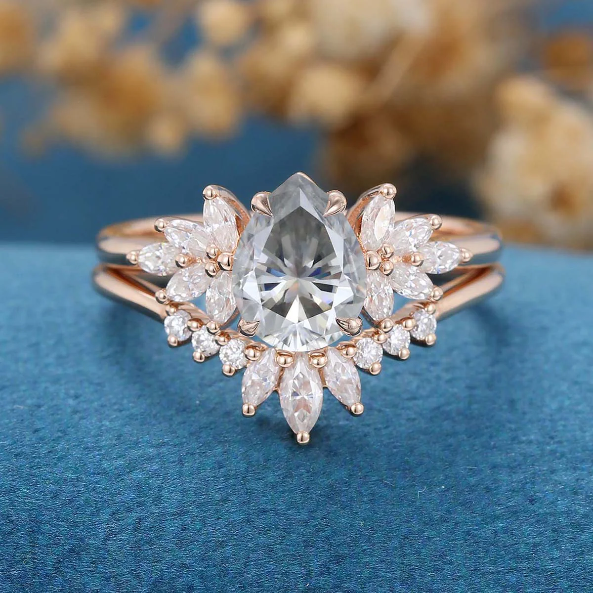 Pear cut Gray Moissanite Cluster Engagement ring Bridal Set - Image 6