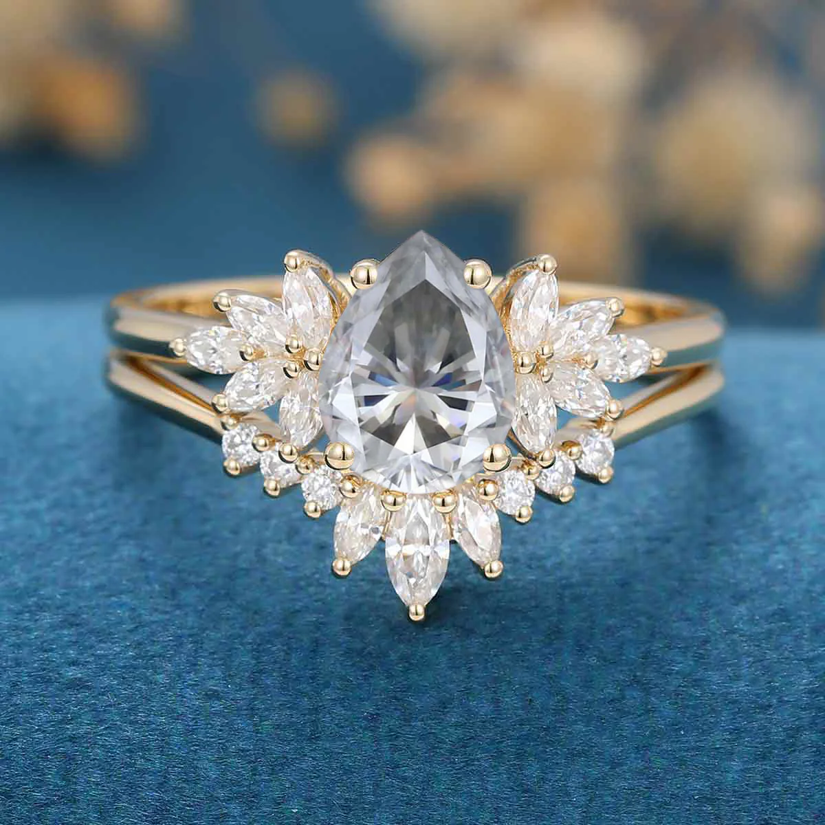 Pear cut Gray Moissanite Cluster Engagement ring Bridal Set - Image 7