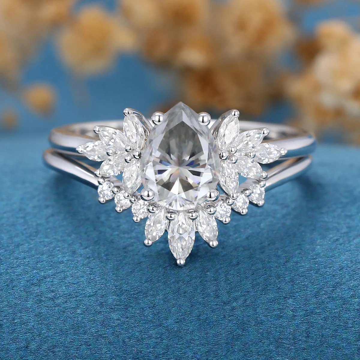 Pear cut Gray Moissanite Cluster Engagement ring Bridal Set - Image 8