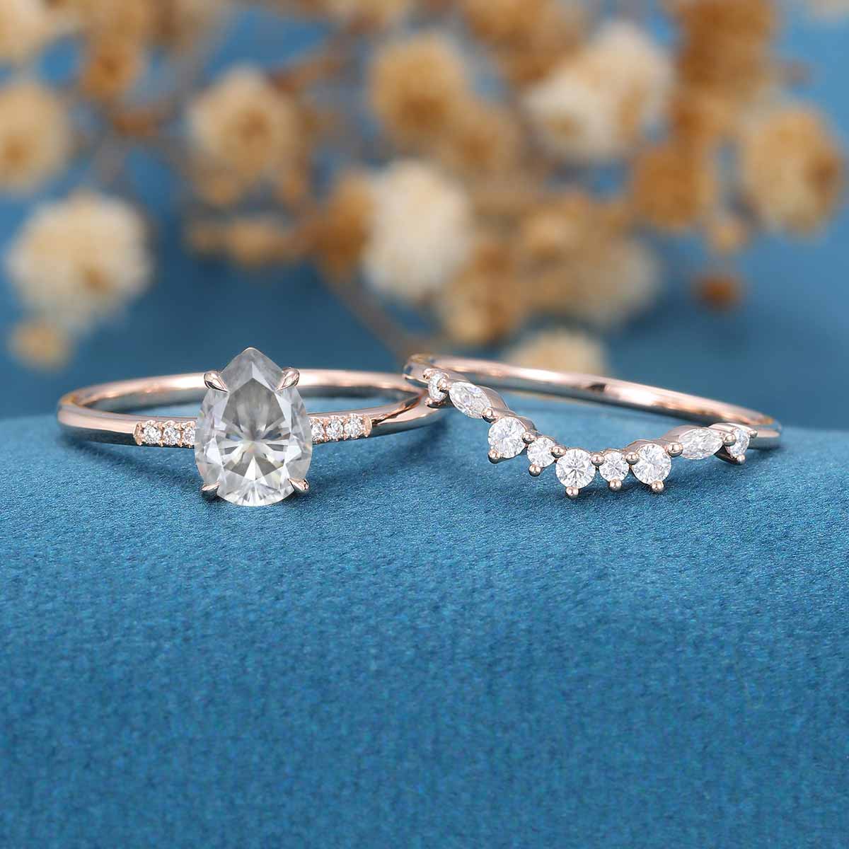 Pear Cut Gray Moissanite Engagement ring Bridal Set - Image 3