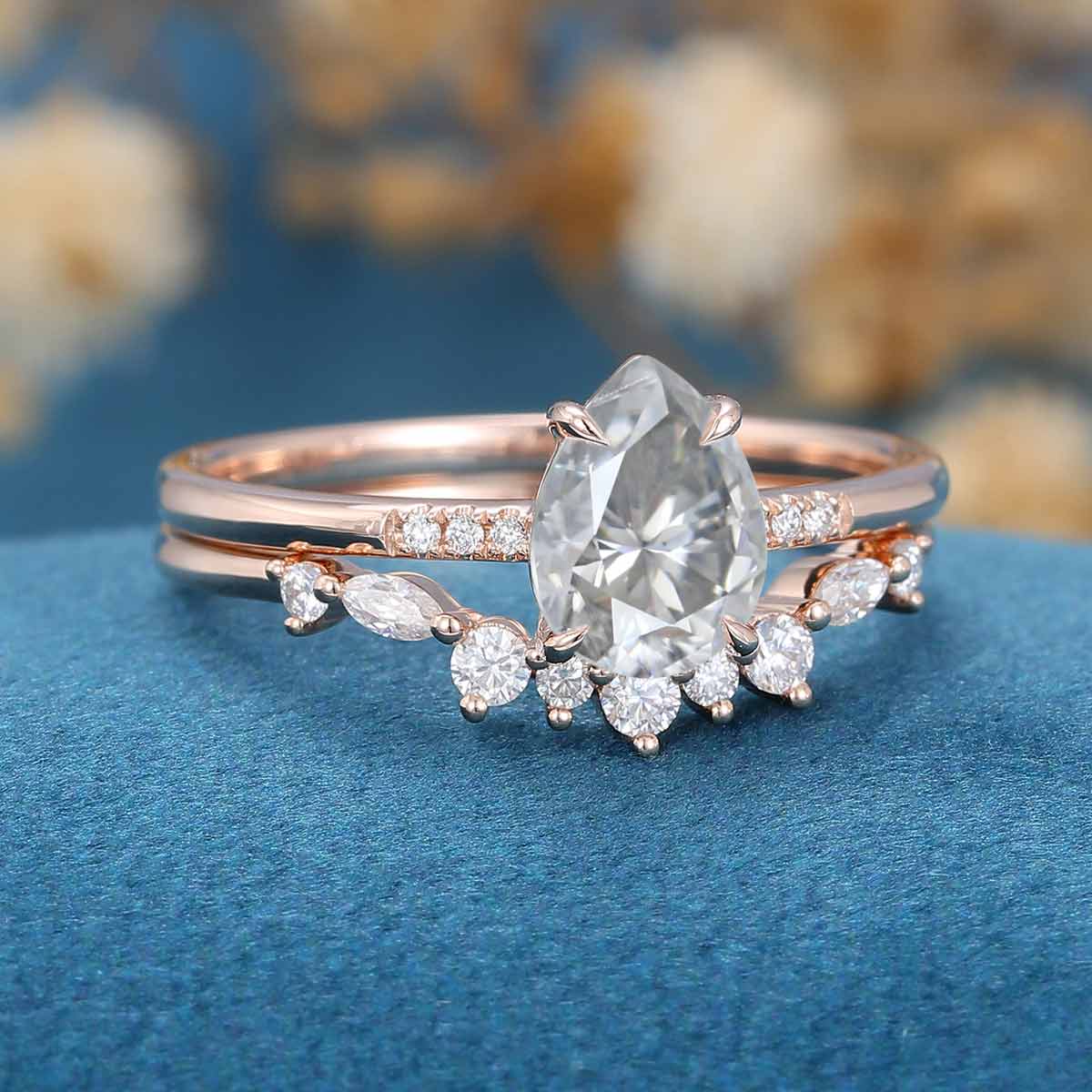 Pear Cut Gray Moissanite Engagement ring Bridal Set - Image 5