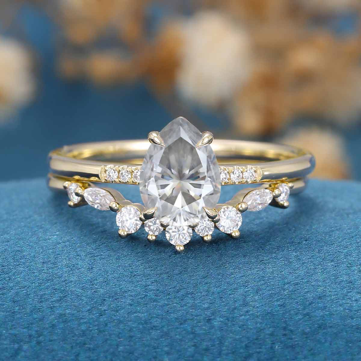 Pear Cut Gray Moissanite Engagement ring Bridal Set - Image 7