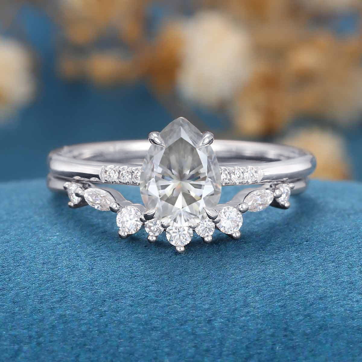 Pear Cut Gray Moissanite Engagement ring Bridal Set - Image 8