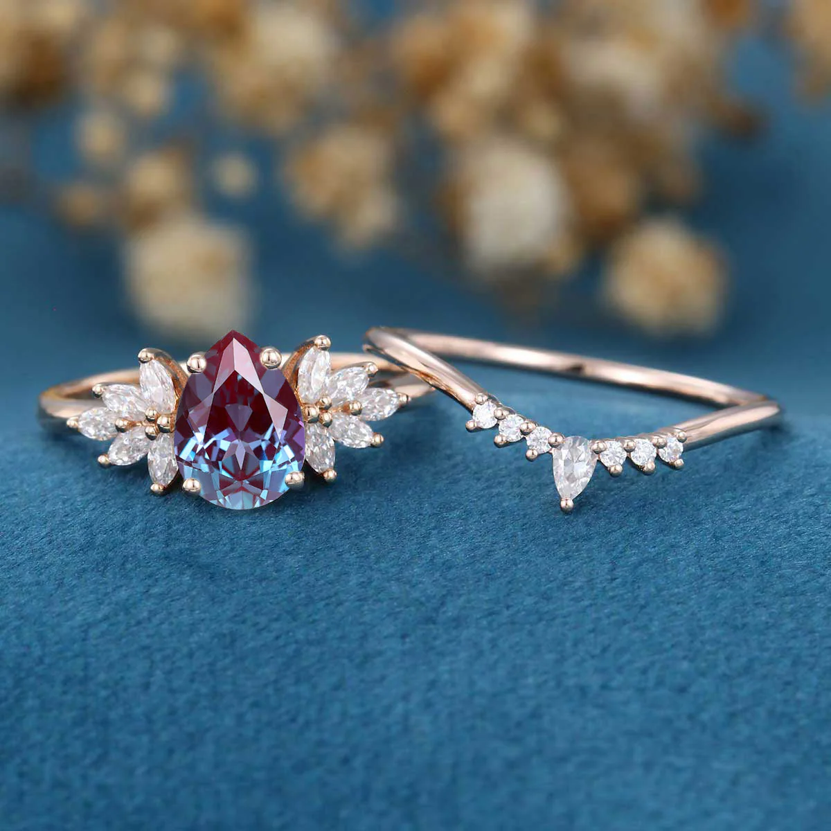 Pear cut Lab Alexandrite | Diamond Engagement Ring Bridal Set - Image 3