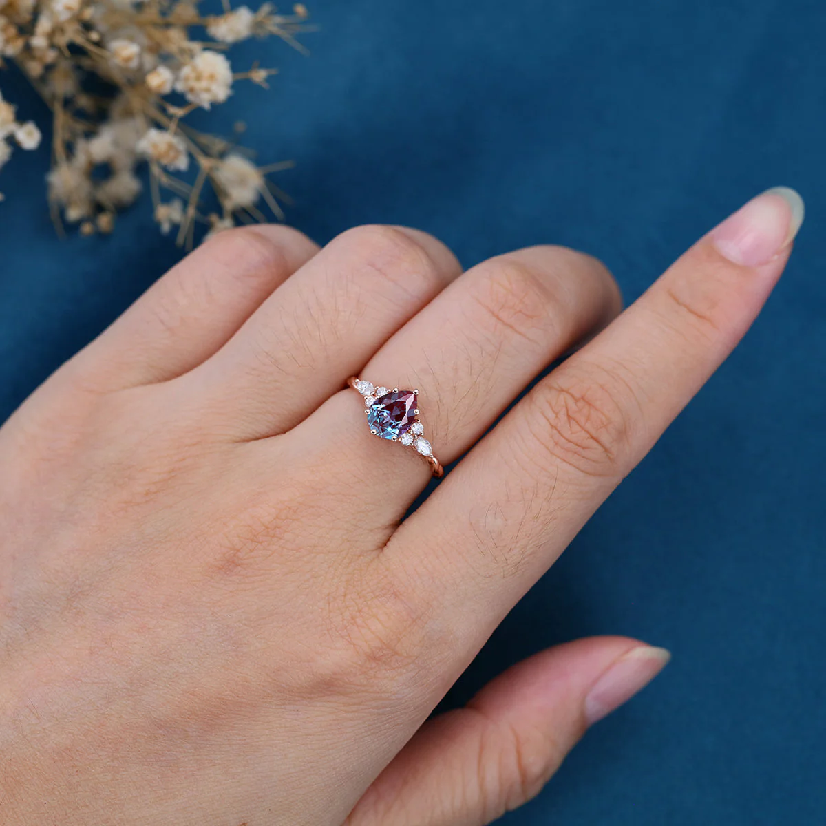 Pear cut Lab Alexandrite Solid Gold Engagement Ring - Image 2