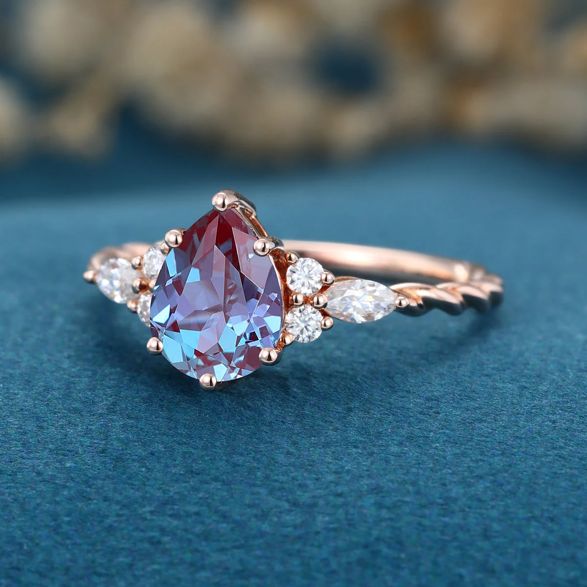 Pear cut Lab Alexandrite Solid Gold Engagement Ring - Image 3