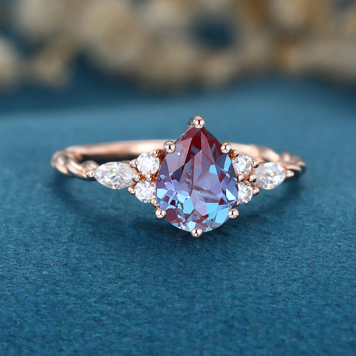 Pear cut Lab Alexandrite Solid Gold Engagement Ring - Image 4