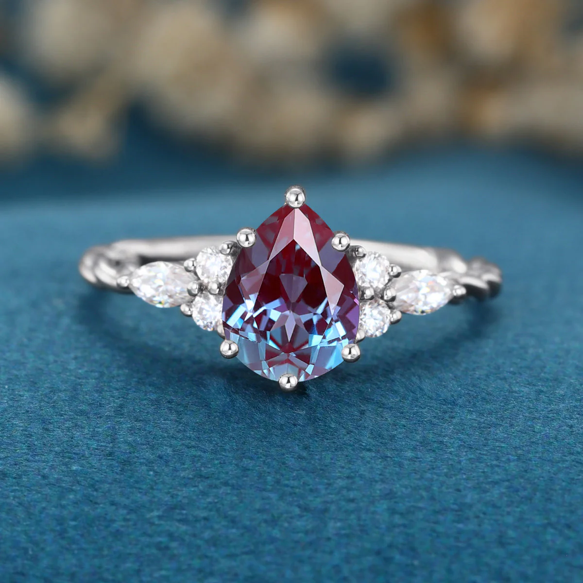 Pear cut Lab Alexandrite Solid Gold Engagement Ring - Image 7