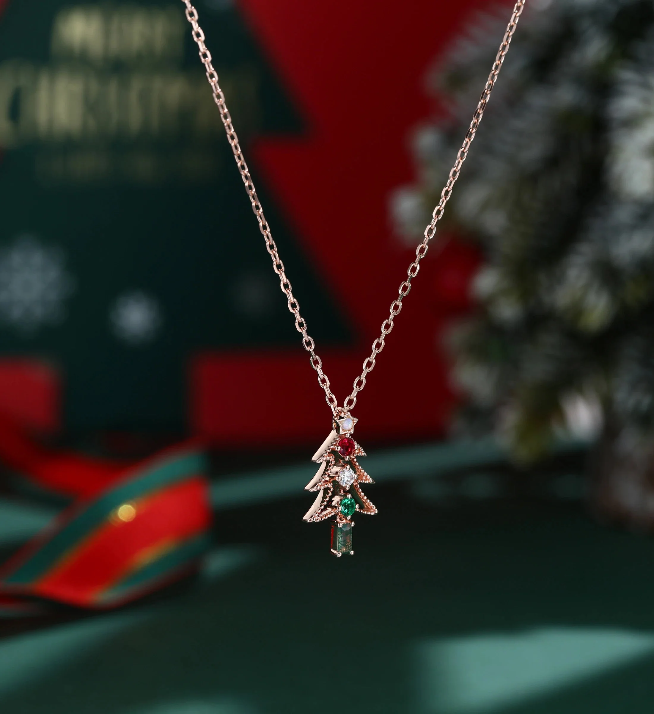 Christmas Tree Pendant Necklace with Moss Agate| Diamonds | Lab Ruby | Lab Emerald +Opal - Image 3