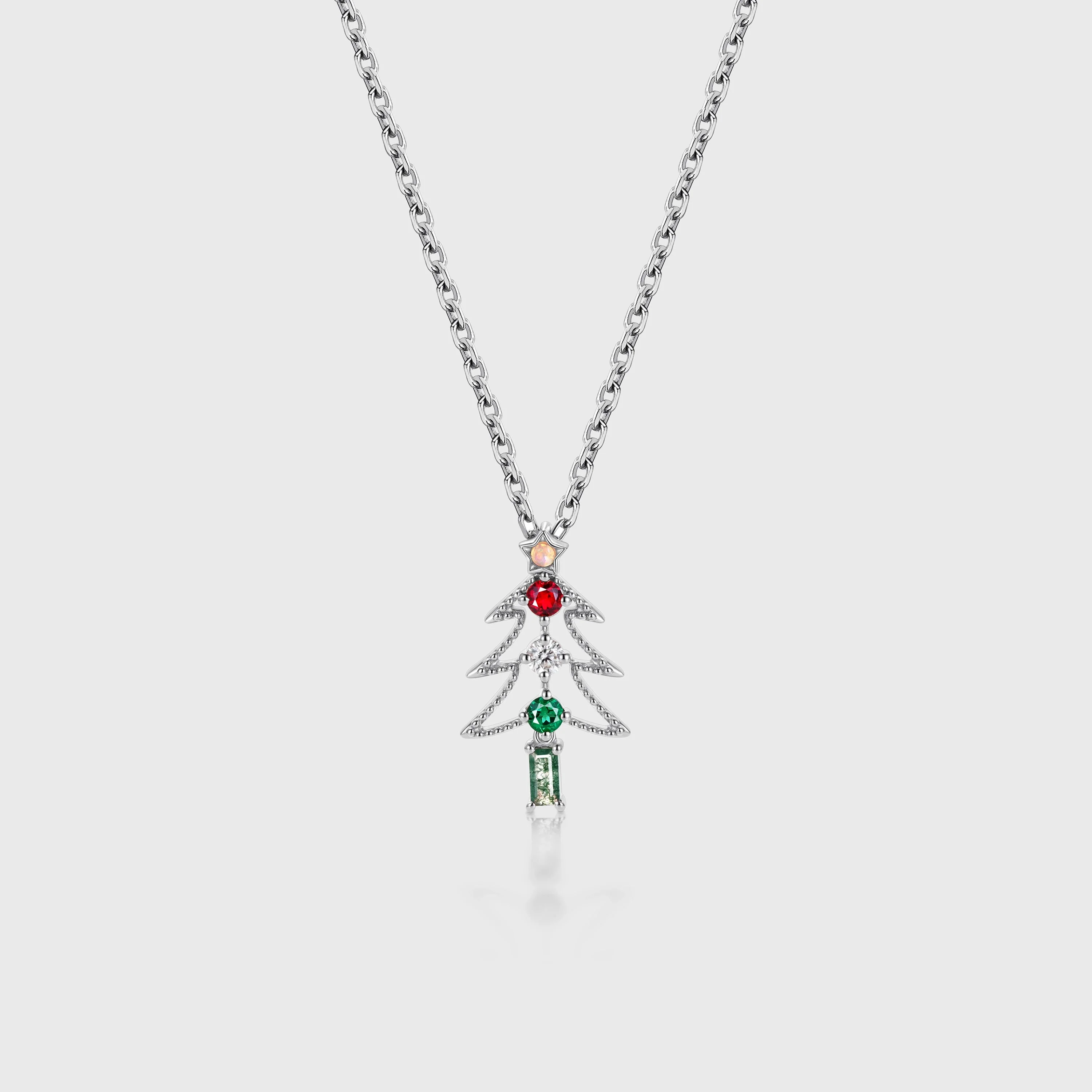Christmas Tree Pendant Necklace with Moss Agate| Diamonds | Lab Ruby | Lab Emerald +Opal - Image 6