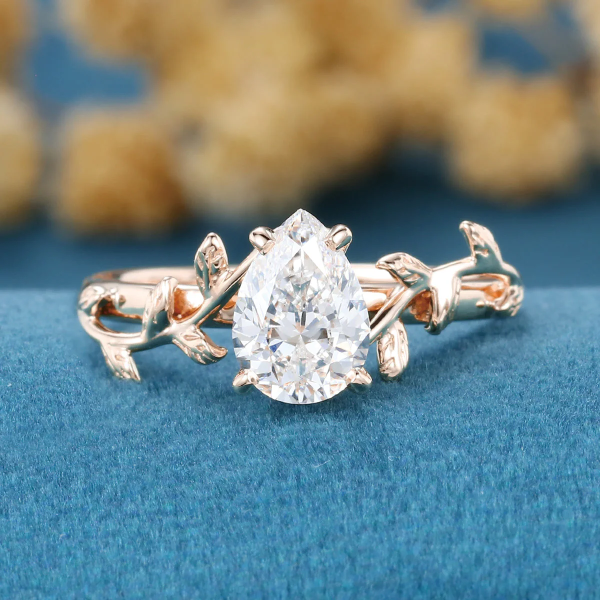 Pear cut Lab-Grown Diamond Leaf Rose Gold Engagement Ring - Image 8