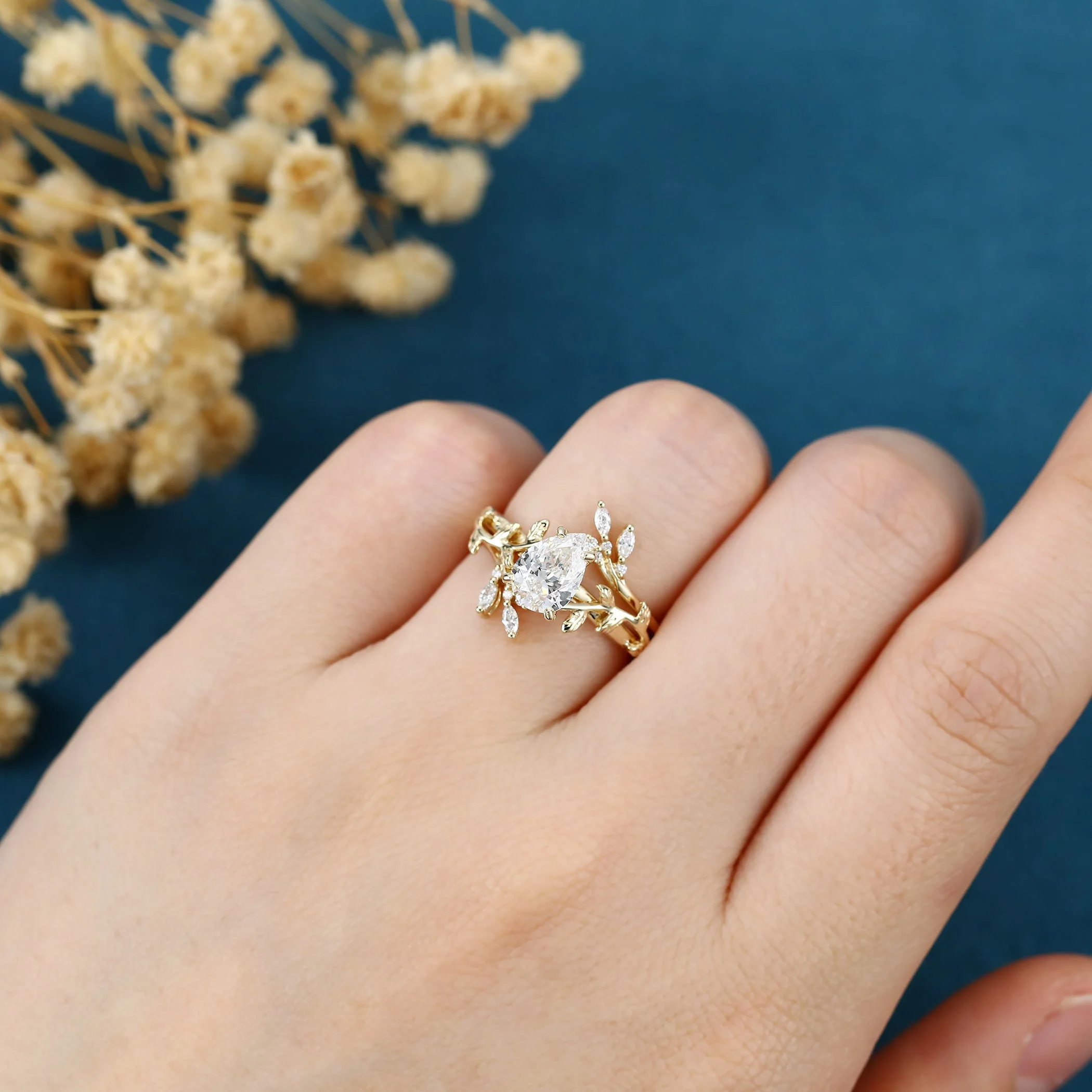 Pear cut Lab-Grown Diamond Leaf design Wedding Bridal set - Image 2