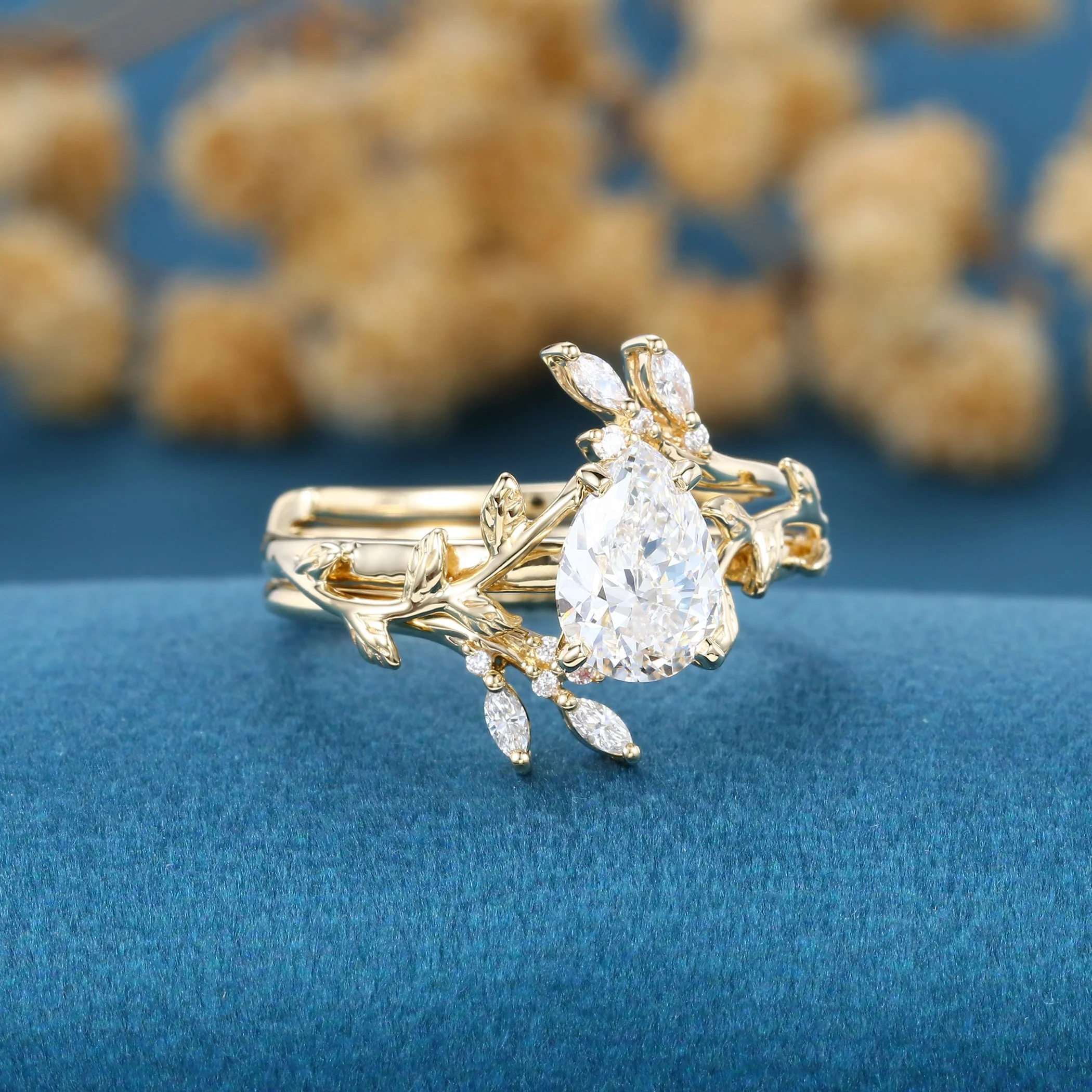 Pear cut Lab-Grown Diamond Leaf design Wedding Bridal set - Image 4