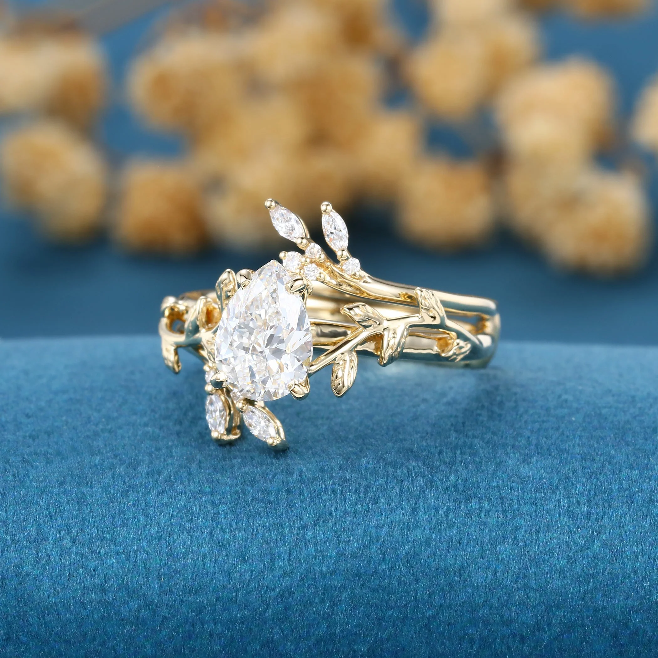 Pear cut Lab-Grown Diamond Leaf design Wedding Bridal set - Image 5