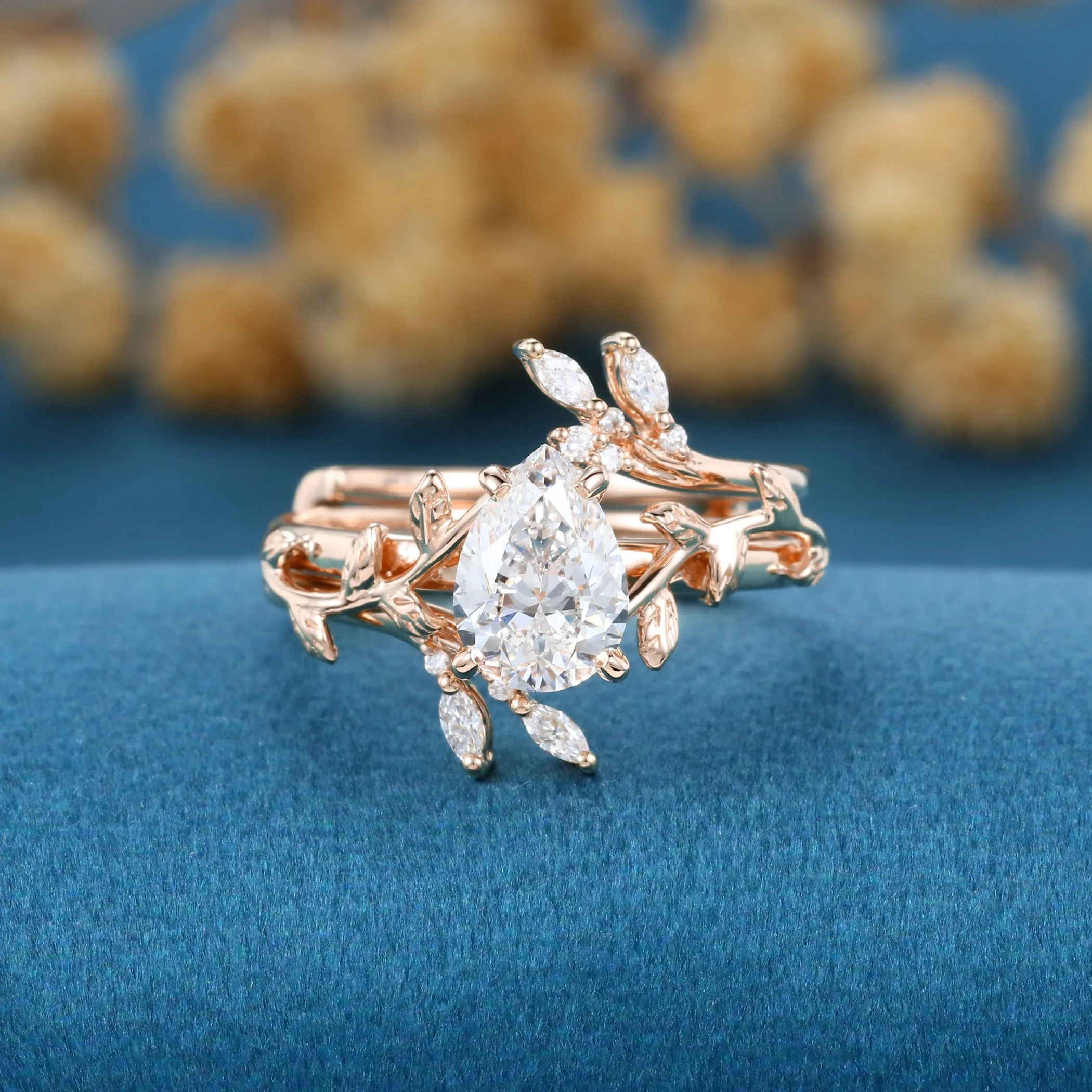 Pear cut Lab-Grown Diamond Leaf design Wedding Bridal set - Image 9