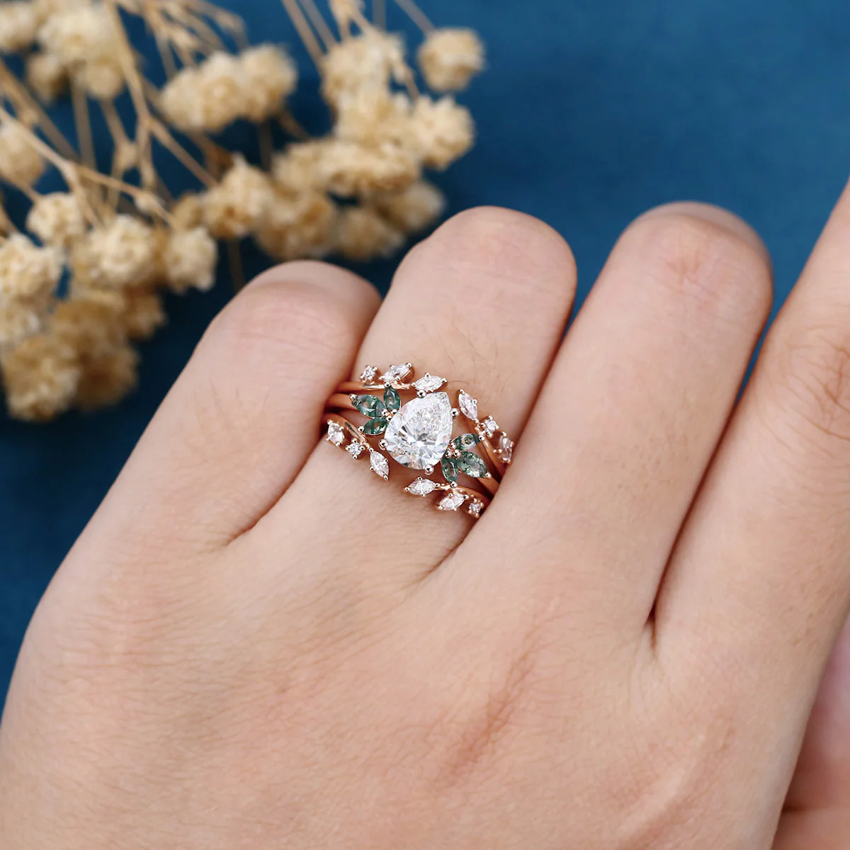 Pear cut Lab Grown Diamond + Moss agate Wedding bridal set - Image 2