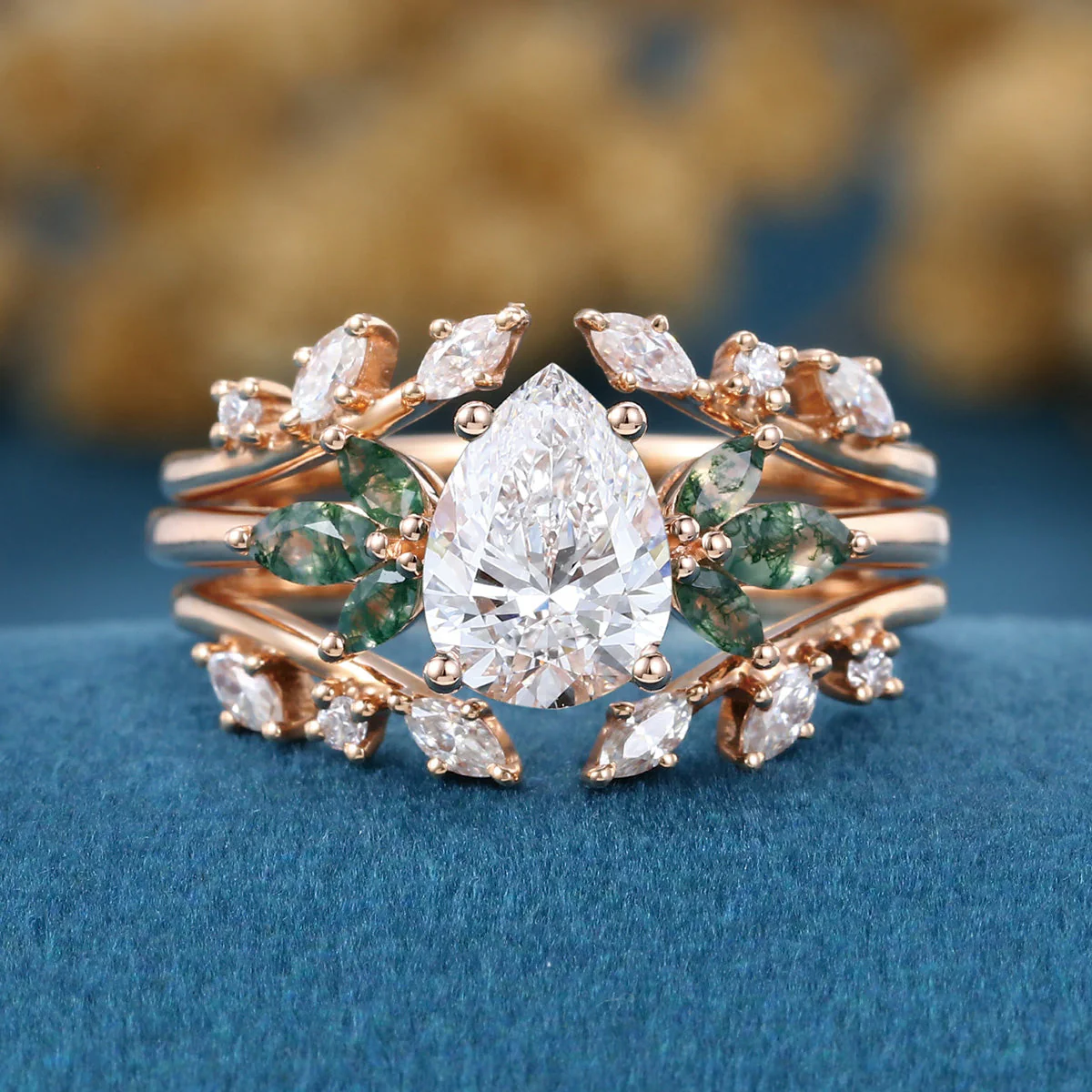 Pear cut Lab Grown Diamond + Moss agate Wedding bridal set - Image 3