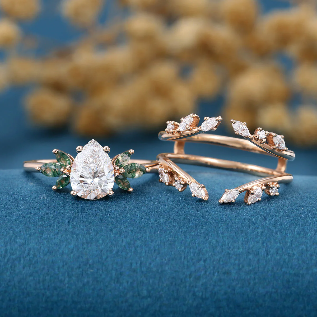Pear cut Lab Grown Diamond + Moss agate Wedding bridal set - Image 4