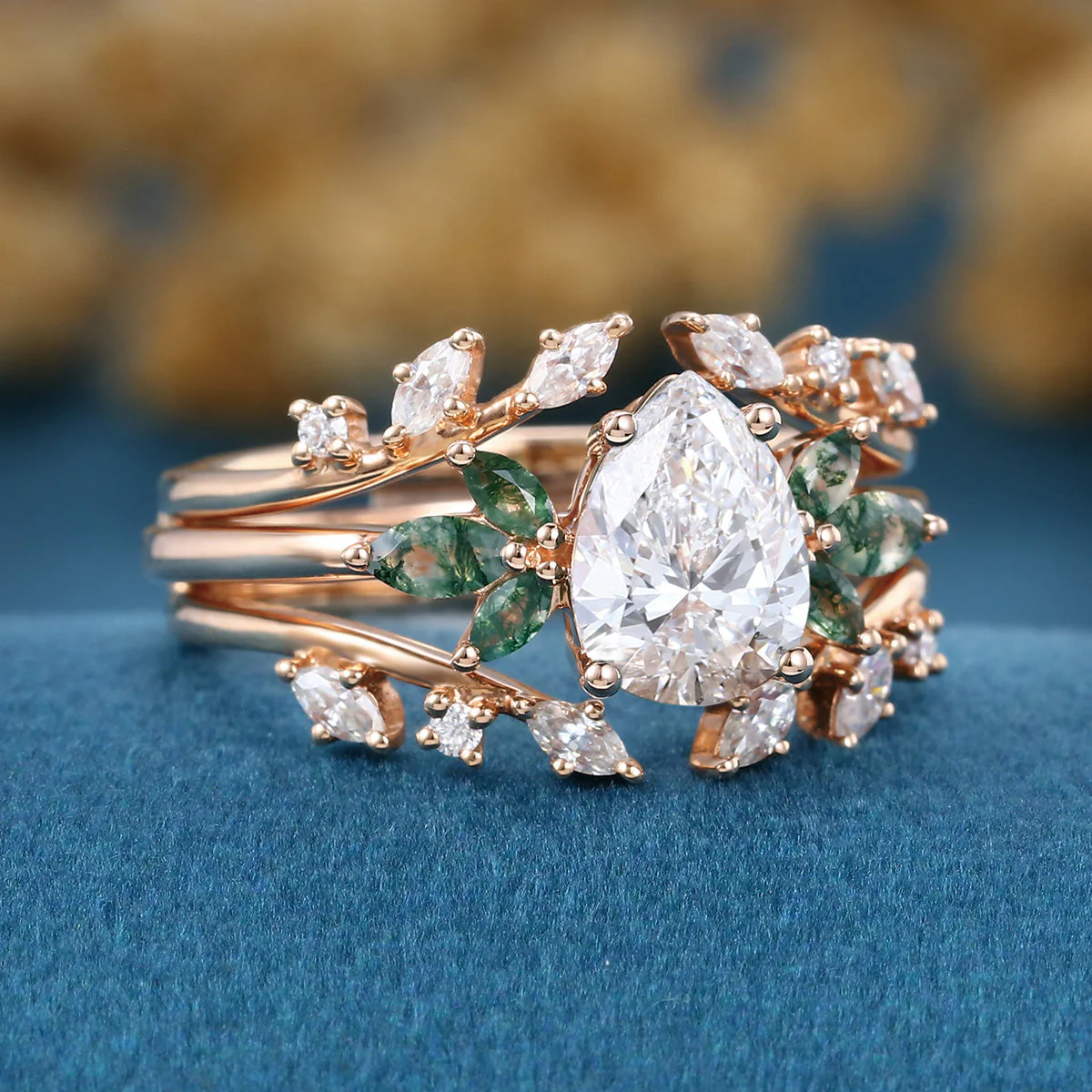 Pear cut Lab Grown Diamond + Moss agate Wedding bridal set - Image 5