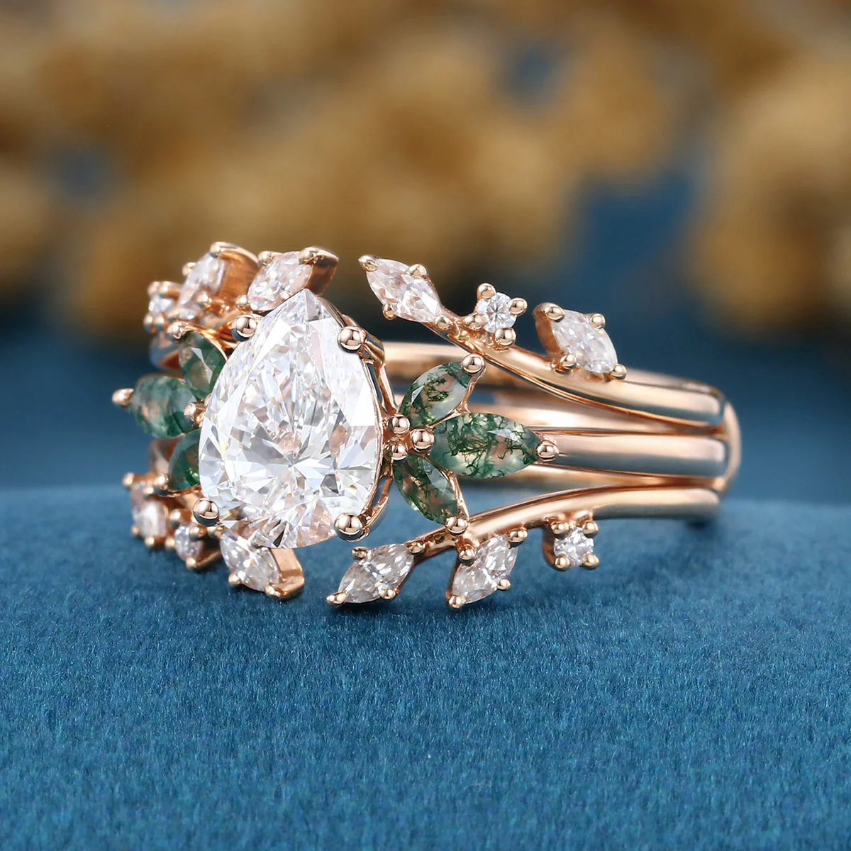 Pear cut Lab Grown Diamond + Moss agate Wedding bridal set - Image 6
