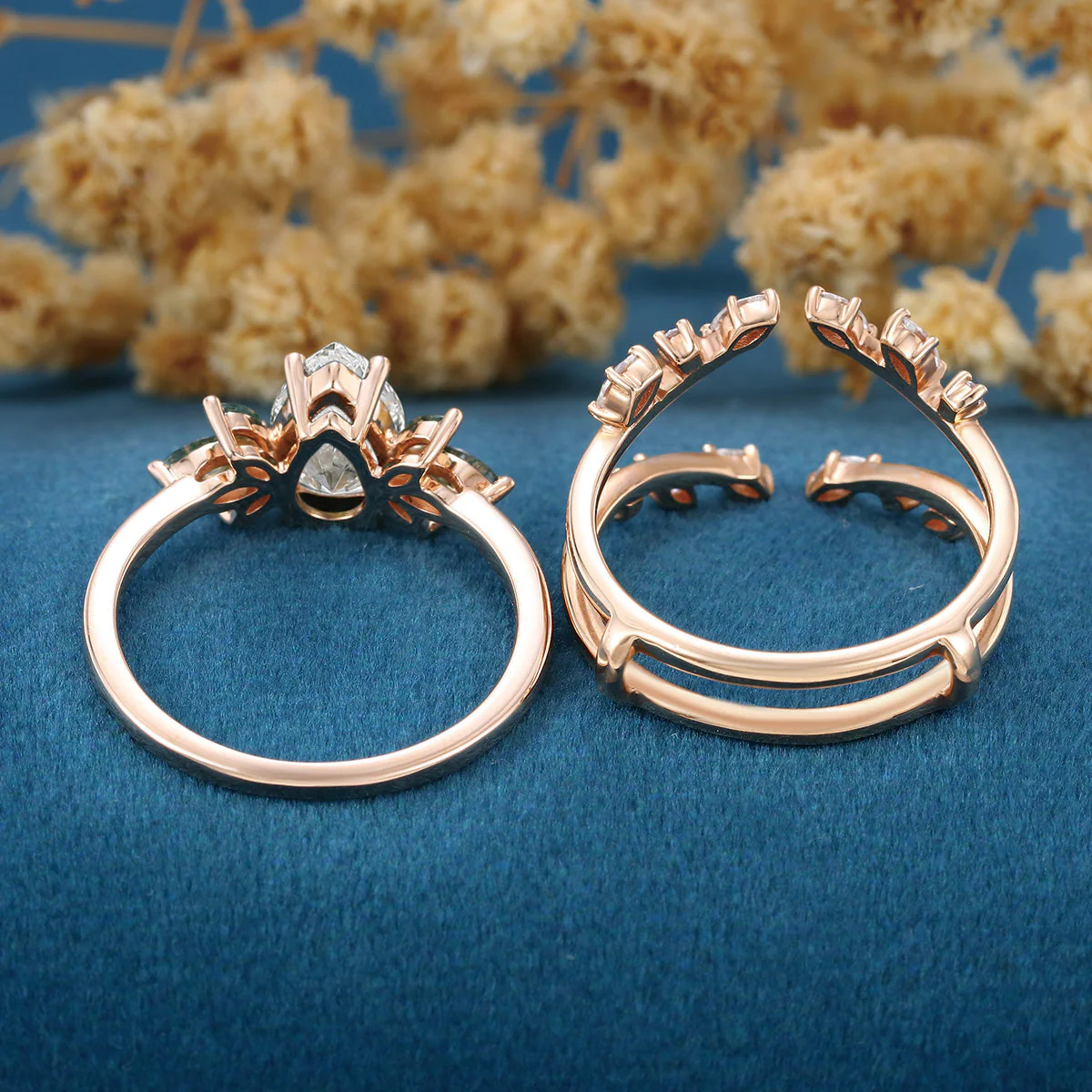 Pear cut Lab Grown Diamond + Moss agate Wedding bridal set - Image 7