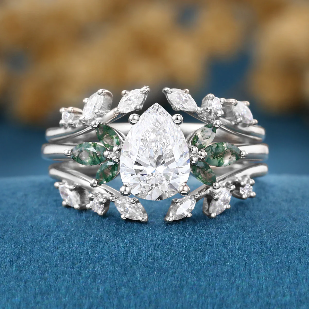 Pear cut Lab Grown Diamond + Moss agate Wedding bridal set - Image 8