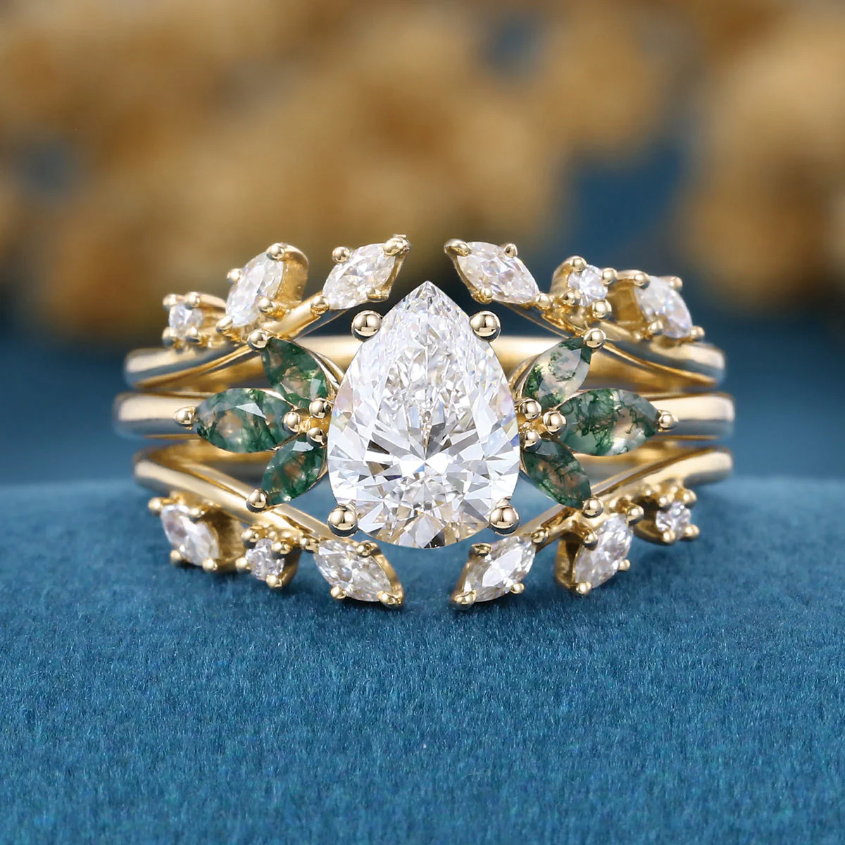 Pear cut Lab Grown Diamond + Moss agate Wedding bridal set - Image 9