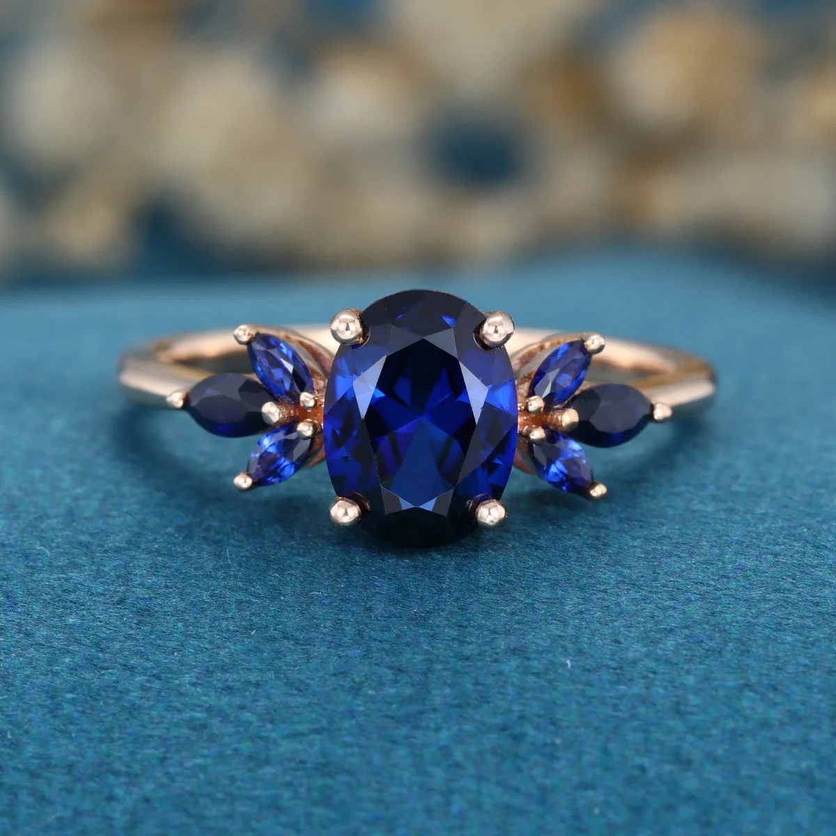 Oval cut Lab Blue Sapphire Solid Gold Engagement Ring