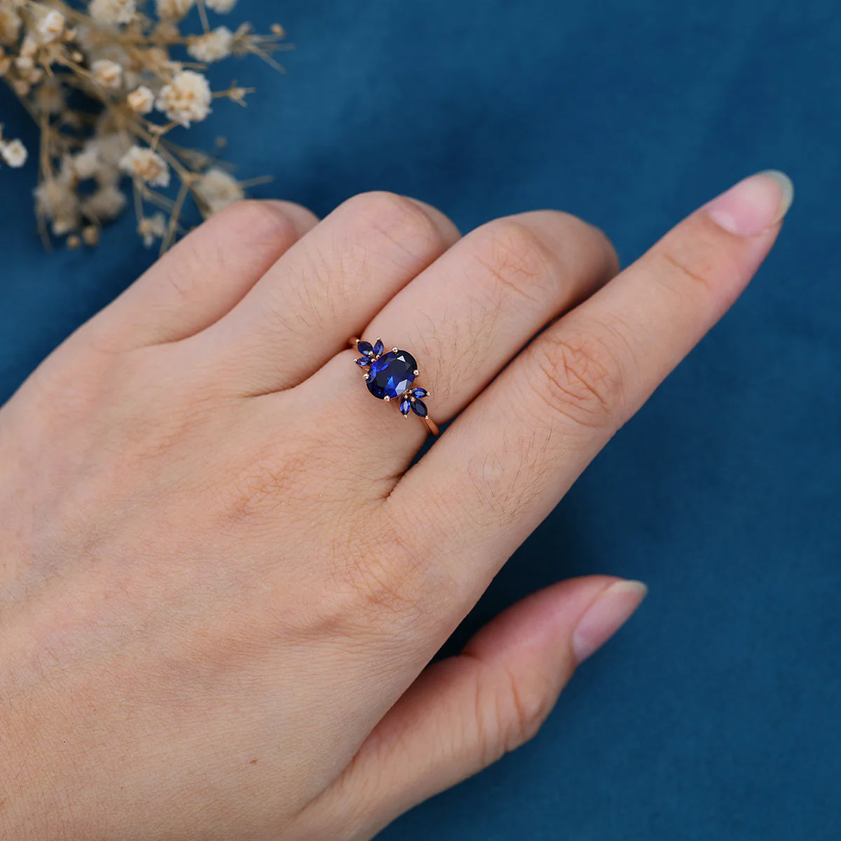 Oval cut Lab Blue Sapphire Solid Gold Engagement Ring - Image 2