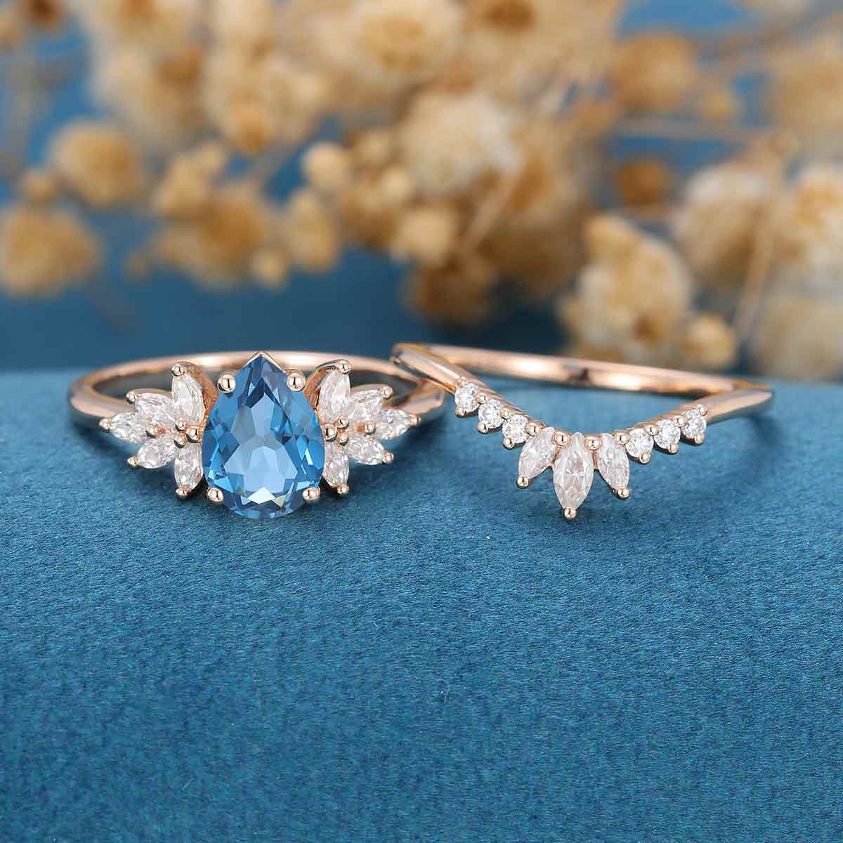 Pear cut London Blue Topaz Cluster Engagement ring Bridal Set - Image 3