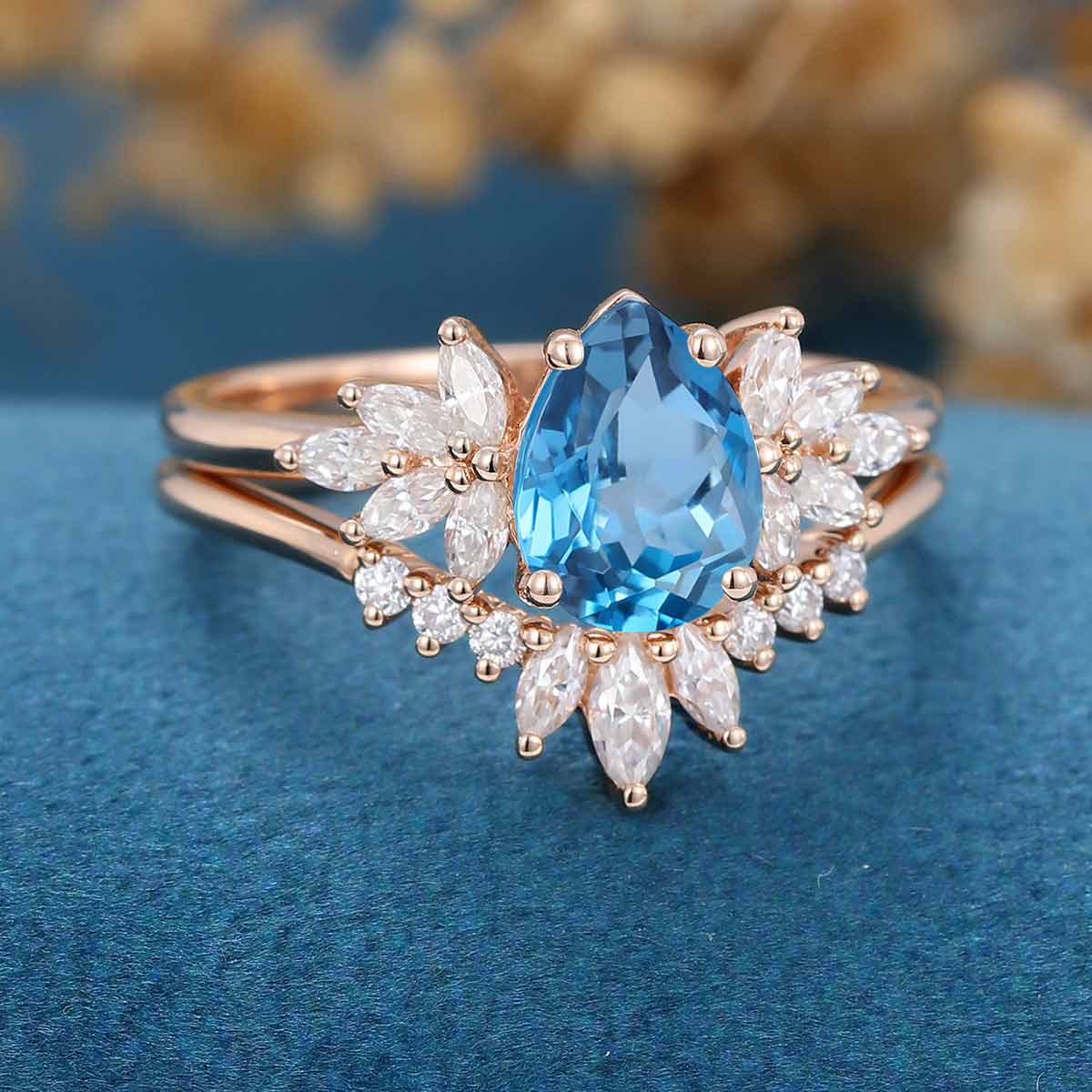 Pear cut London Blue Topaz Cluster Engagement ring Bridal Set - Image 5